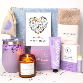Lavender Spa Gift Basket for Women Relaxation Gifts Self Care Package with Lavender Scented Candle Wine Tumbler Bath Bomb Soap Socks Hand Cream & Bonu